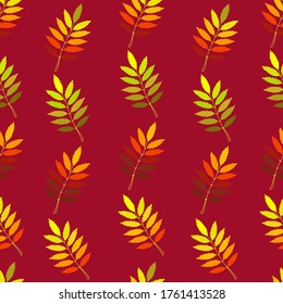 Seamless pattern of multicolored autumn leaves on a maroon background. Vector drawing.