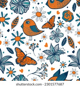 Seamless pattern multicolored baby birds, leaves, flowers. Vector illustration. Summer bright print in cartoon style. Ideal for textiles, wallpaper, fabric and paper.