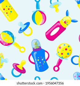 Patrón incomparable de botellas de bebé multicolores, sondas y pacificadores. Ilustración del vector