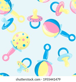 Seamless pattern of multi-colored baby rattles and pacifiers. Vector illustration