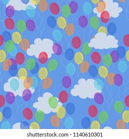 Seamless pattern of multicolored balls on a background of the sky and white clouds