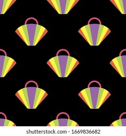 Seamless pattern with a multicolored beach bag on a black background.Bag in the form of a fan.Summer bright design for textiles.Vector illustration