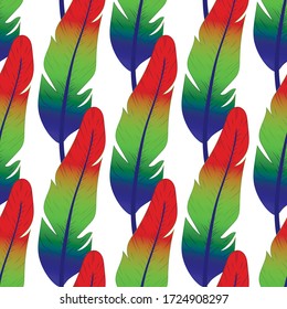 Patrón transparente de plumas de aves multicolor sobre fondo blanco, ilustración vectorial