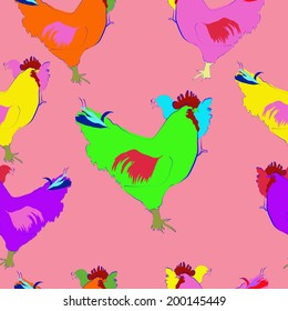 Seamless pattern with multicolored bird: rooster and his chicken on a pink background.