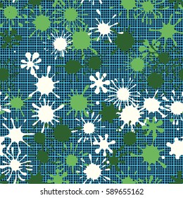 Seamless pattern. Multi-colored blots on a plaid background. Grungy textiles. Wallpaper for children. Flat. Cartoon.