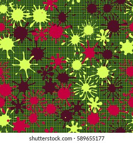 Seamless pattern. Multi-colored blots on a plaid background. Grungy textiles. Wallpaper for children. Flat. Cartoon.