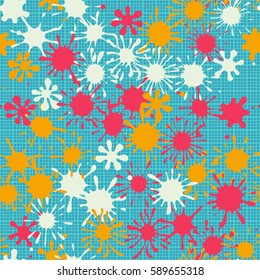 Seamless pattern. Multi-colored blots on a plaid background. Grungy textiles. Wallpaper for children. Flat. Cartoon.