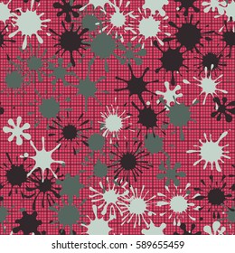 Seamless pattern. Multi-colored blots on a plaid background. Grungy textiles. Wallpaper for children. Flat. Cartoon.