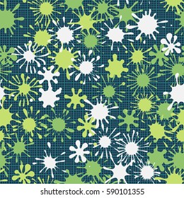 Seamless pattern. Multi-colored blots on a plaid background. Grungy textiles. Wallpaper for children. Flat. Cartoon.