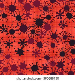 Seamless pattern. Multi-colored blots on a plaid background. Grungy textiles. Wallpaper for children. Flat. Cartoon.