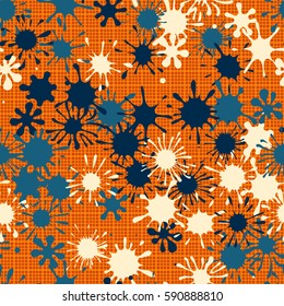 Seamless pattern. Multi-colored blots on a plaid background. Grungy textiles. Wallpaper for children. Flat. Cartoon.