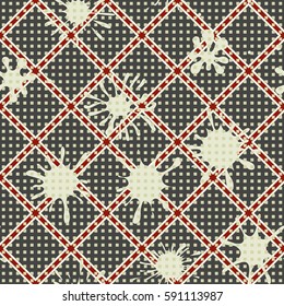 Seamless pattern. Multi-colored blots on a plaid background. Grungy textiles. Wallpaper for children. Flat. Cartoon.