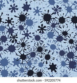 Seamless pattern. Multi-colored blots on a plaid background. Grungy textiles. Wallpaper for children. Flat. Cartoon.