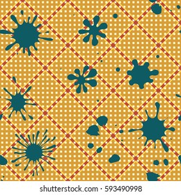 Seamless pattern. Multi-colored blots on a plaid background. Grungy textiles. Wallpaper for children. Flat. Cartoon.