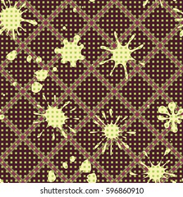 Seamless pattern. Multi-colored blots on a plaid background. Grungy textiles. Wallpaper for children. Flat. Cartoon.