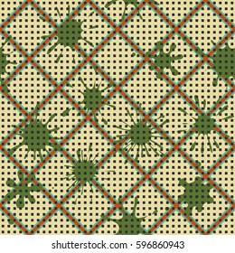 Seamless pattern. Multi-colored blots on a plaid background. Grungy textiles. Wallpaper for children. Flat. Cartoon.