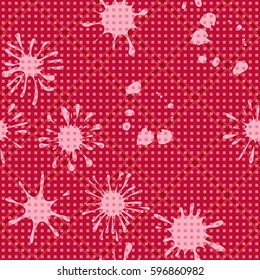 Seamless pattern. Multi-colored blots on a plaid background. Grungy textiles. Wallpaper for children. Flat. Cartoon.