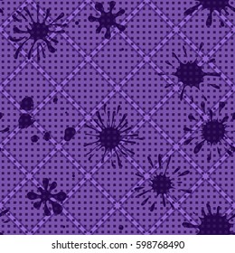 Seamless pattern. Multi-colored blots on a plaid background. Grungy textiles. Wallpaper for children. Flat. Cartoon.