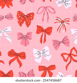 Seamless pattern with multicolored bows on a pink background. Vector illustration background.