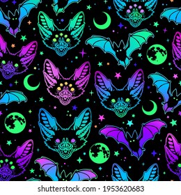 seamless pattern of multicolored bright bats