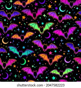 seamless pattern of multicolored bright bats