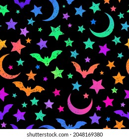 seamless pattern of multicolored bright bats, moon and stars