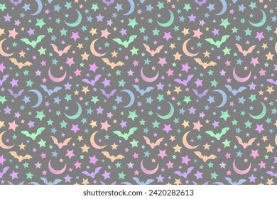 Seamless pattern of multicolored bright bats, moon and stars