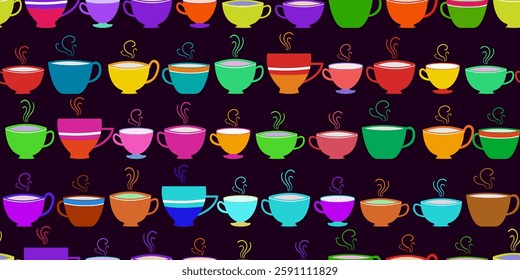 Seamless pattern with multicolored bright coffee tea cups on a purple background for fabric wallpaper packaging, kitchen decor and digital web design