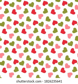 
Seamless pattern with multicolored bright hearts scattered on a white background, textured, artistic. Vector illustration for textiles, surfaces, packaging design.

