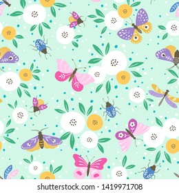 Seamless pattern of multicolored butterflies, insects and white flowers on light menthol color background.