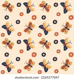 Seamless pattern of multicolored butterflies. Insects among flowers. Vector illustration in cartoon style.