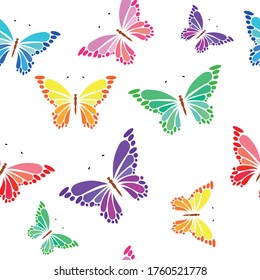 Seamless pattern with multicolored butterflies on a white background