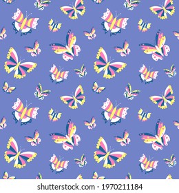 Seamless pattern with multicolored butterflies on a blue background. For the design of paper, wallpaper, textiles. Vector illustration.