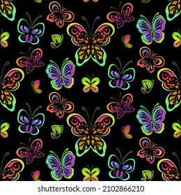 
seamless pattern of multicolored butterflies on a black background