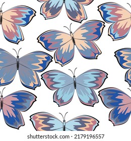 Seamless pattern with multicolored butterflies on a white isolated background. Vector illustration.