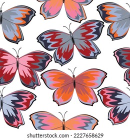 Seamless pattern with multicolored butterflies on a white isolated background. Carnival butterfly, festive seamless pattern. 