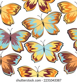 Seamless pattern with multicolored butterflies on a white background.  Fashionable tones. Textiles, wallpaper, wrapping paper