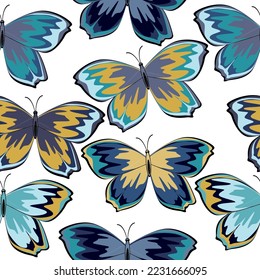 Seamless pattern with multicolored butterflies on a white background.  Butterfly seamless pattern. 