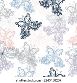 Seamless pattern with multicolored butterflies on a white background.  Vector cute color illustration for summer for kids. 