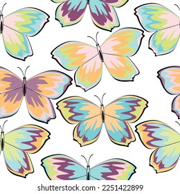 Seamless pattern with multicolored butterflies on a white isolated background. Fashionable tones. Textiles, wallpaper, wrapping paper