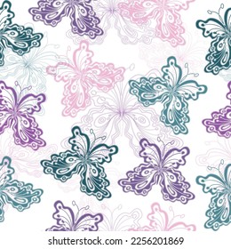 Seamless pattern with multicolored butterflies on a white background.  Vector illustration.