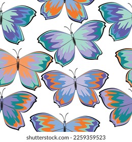 Seamless pattern with multicolored butterflies on a white isolated background. Vector illustration.