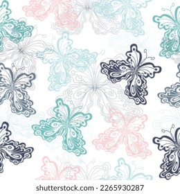 Seamless pattern with multicolored butterflies on a white background.  Beautiful floral pattern pastel colors. 