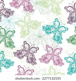 Seamless pattern with multicolored butterflies on a white background.  Beautiful floral pattern pastel colors. 