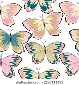 Seamless pattern with multicolored butterflies on a white isolated background. Butterfly seamless pattern. 