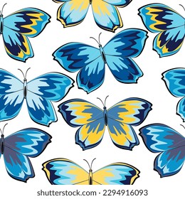 Seamless pattern with multicolored butterflies on a white background.  Butterfly seamless pattern. 