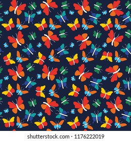Seamless pattern with multicolored butterfly on dark blue background.