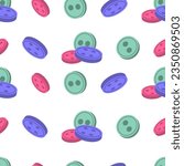 Seamless pattern with multi-colored buttons in a flat style on a white isolated background.