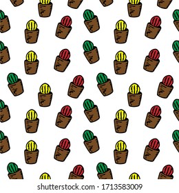 Seamless pattern multicolored cacti in pots, vector illustration, red, yellow, green and brown, hand drawing