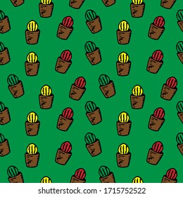 Seamless pattern multicolored cacti in pots, vector illustration, red, yellow, green and brown, green background, hand drawing